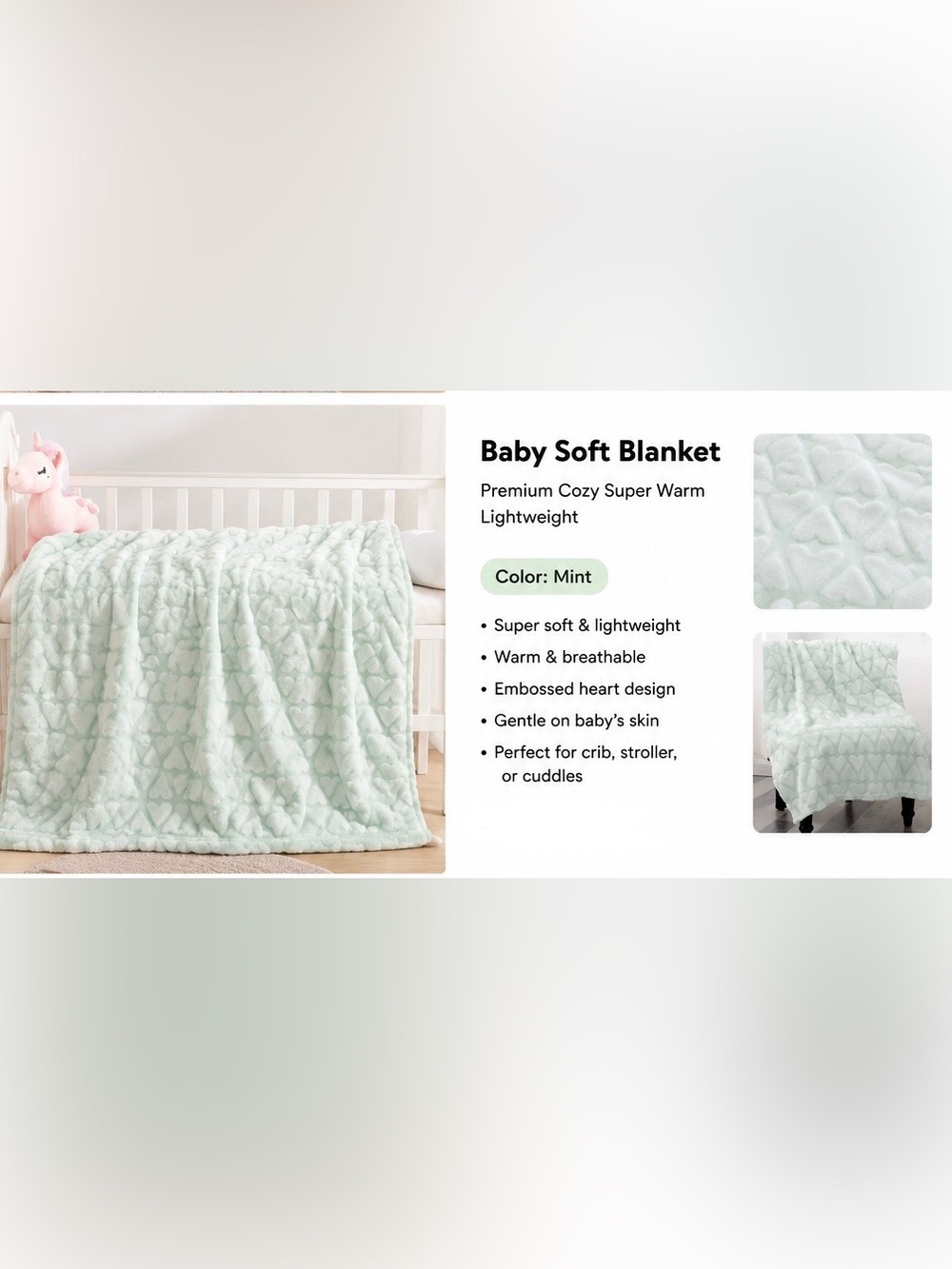 Baby Soft Blanket - Mint Cozy Embossed Heart Throw 40”x50”